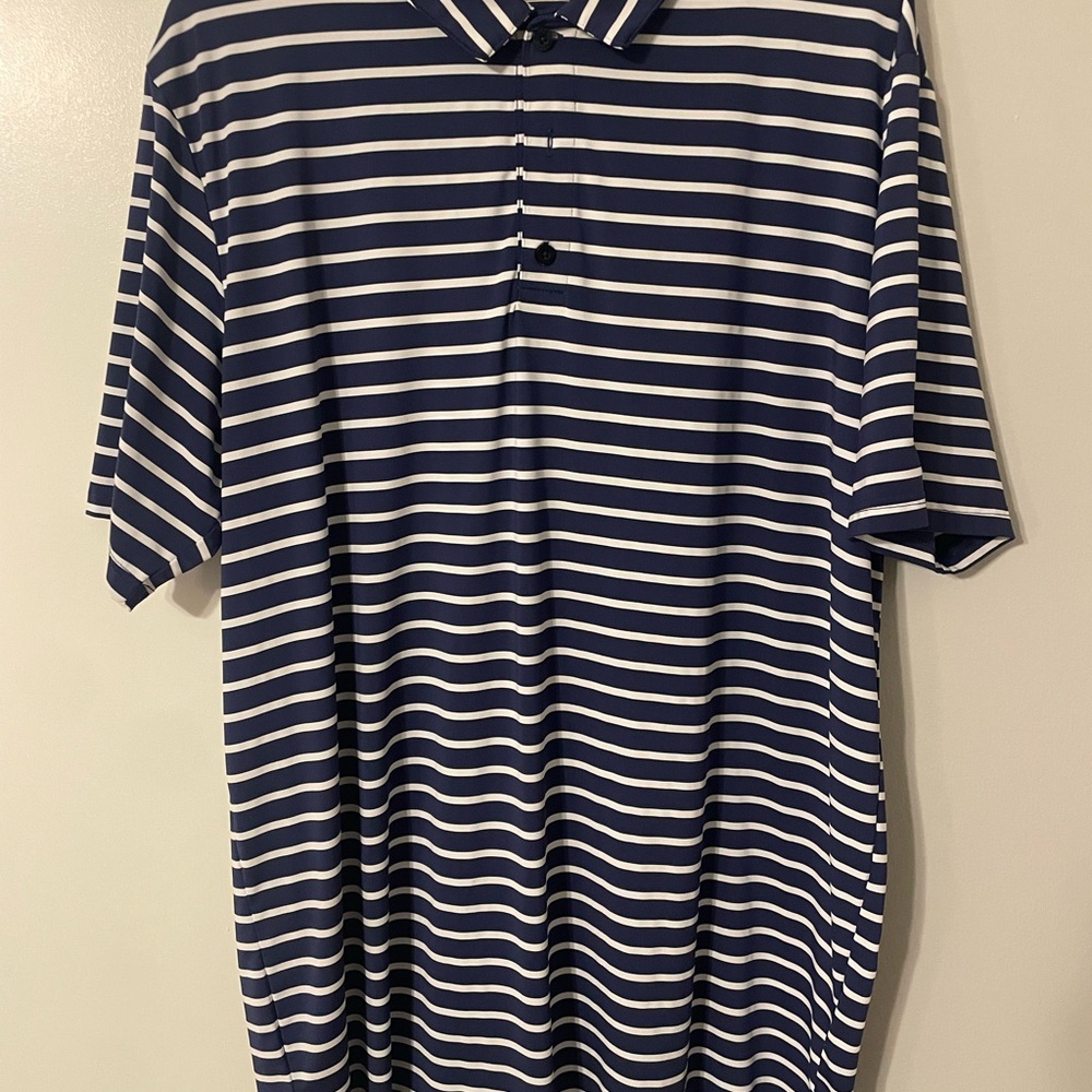 Drake Navy and White Striped Polo Shirt